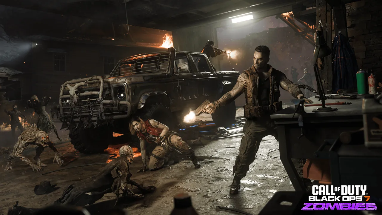 Official Black Ops 7 Zombies screenshot: the Blacksmith garage on Ashes of the Damned