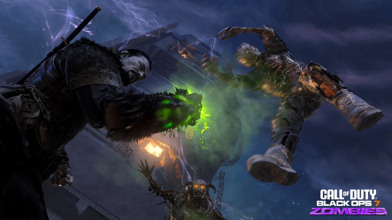 Official Black Ops 7 Zombies screenshot: the Necrofluid Gauntlet in action