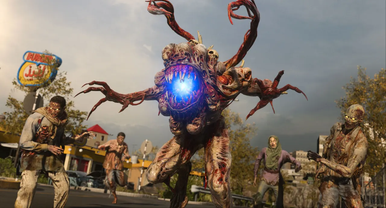 Official Modern Warfare Zombies in-game screenshot of a Mimic approaching a squad in Urzikstan