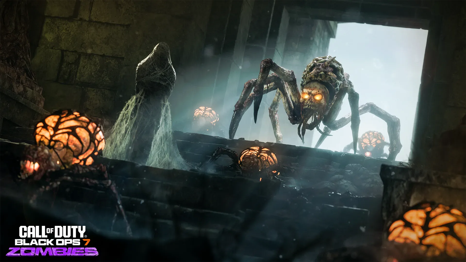 The Web Mother approaches over stone steps surrounded by glowing cocoons in Rex Infernus.